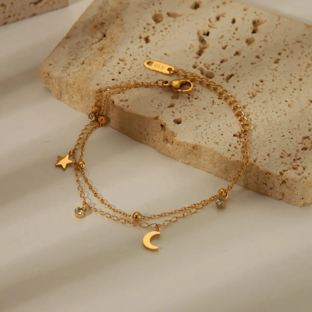 Double Layer Crystal Moon & Star Charm Anklet/Bracelet