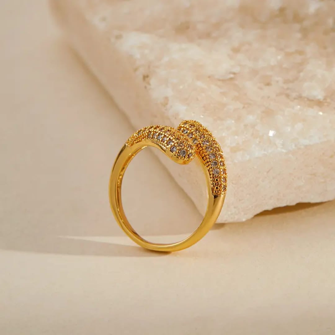 Dual Curve Gold Ring with Crystals