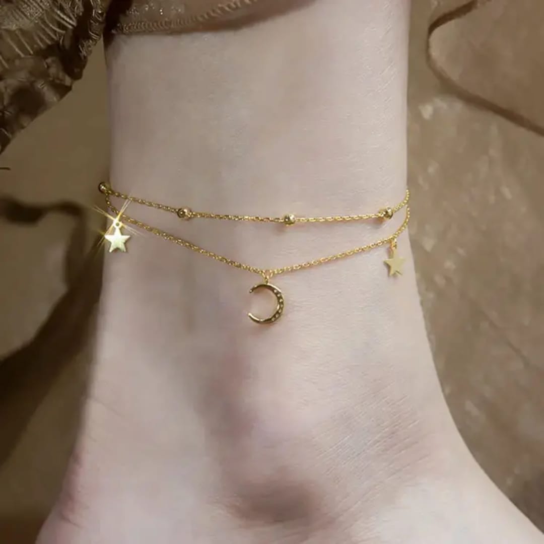 Double Layer Crystal Moon & Star Charm Anklet/Bracelet