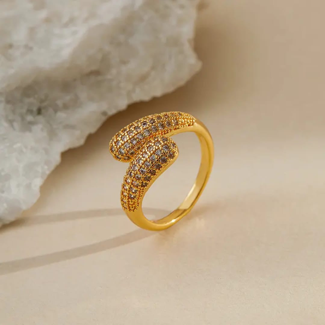 Dual Curve Gold Ring with Crystals