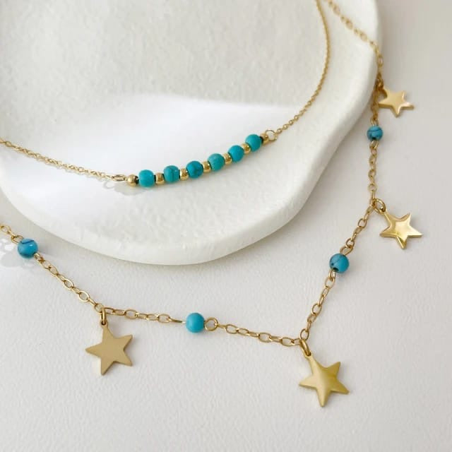 Double Layered Stars with Blue Beads Pendant