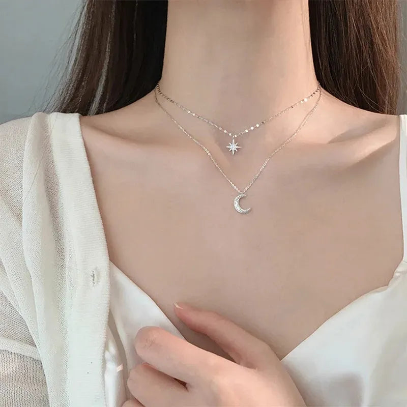 Arzonai Eight-pointed Star Moon Double-layer Necklace