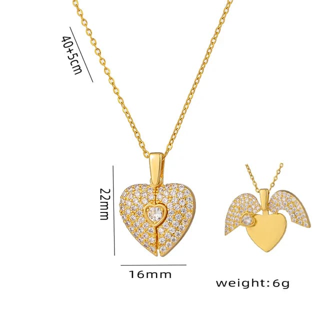 Gold Heart with Angel Wings Pendant Necklace