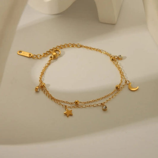 Double Layer Crystal Moon & Star Charm Anklet/Bracelet