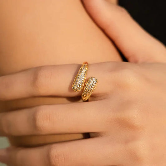 Dual Curve Gold Ring with Crystals