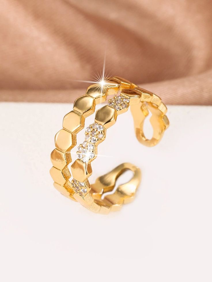 Golden Adjustable Hexagon Ring with Crystals