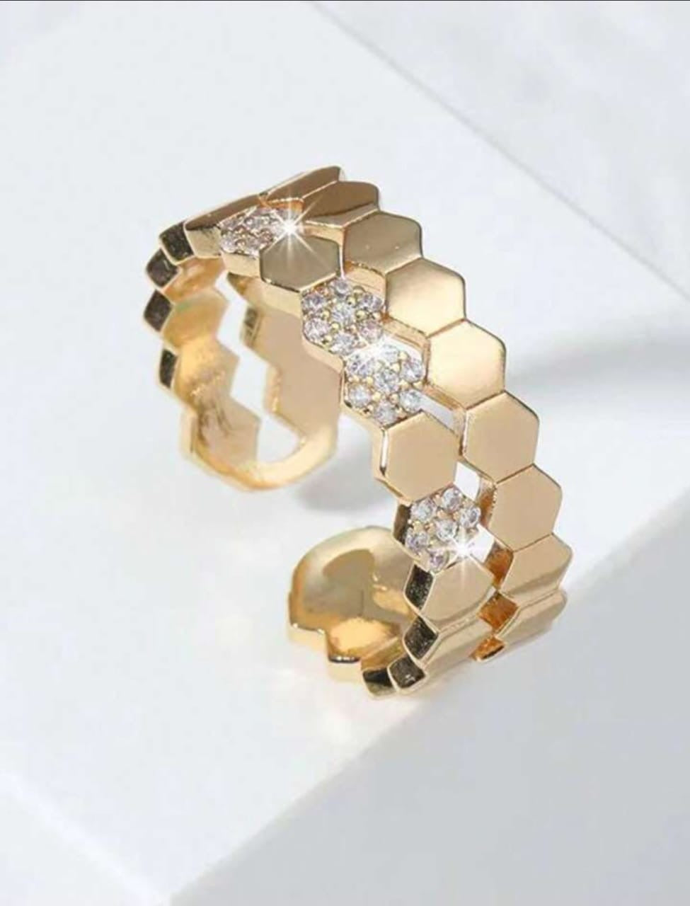 Golden Adjustable Hexagon Ring with Crystals