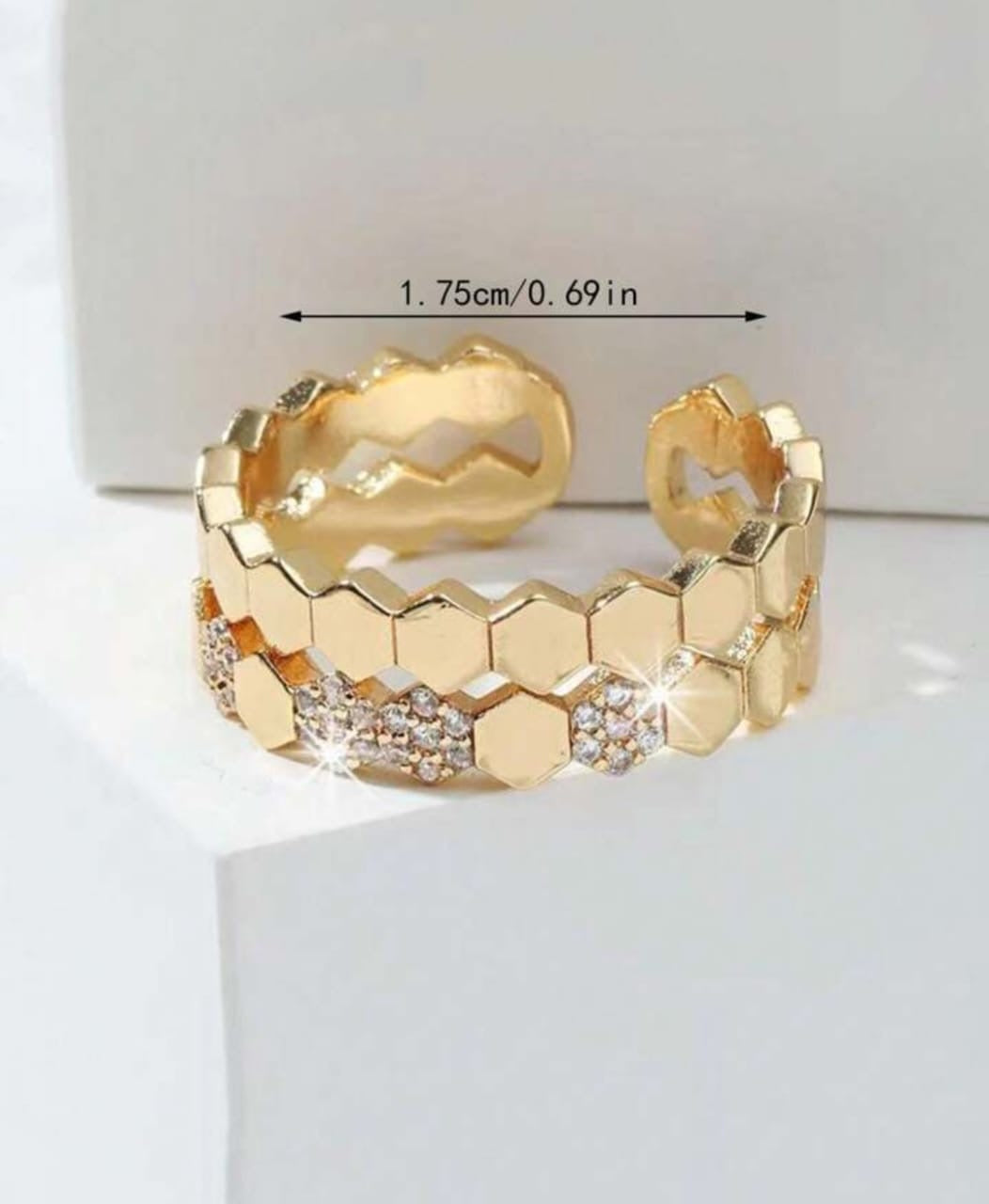 Golden Adjustable Hexagon Ring with Crystals