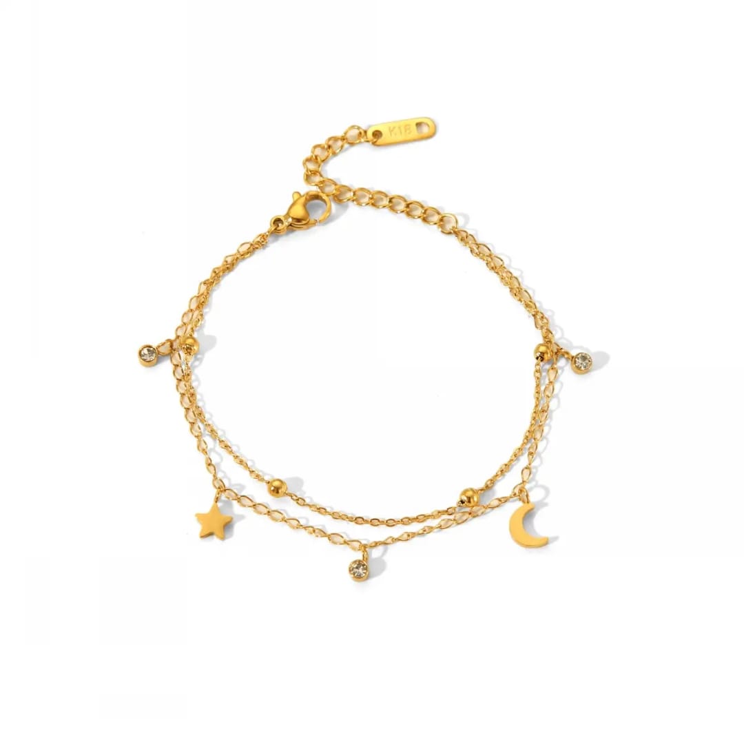 Double Layer Crystal Moon & Star Charm Anklet/Bracelet