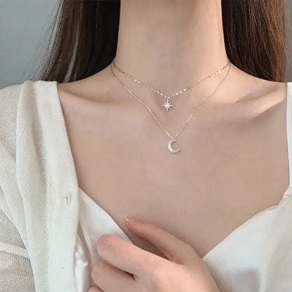 Arzonai Eight-pointed Star Moon Double-layer Necklace