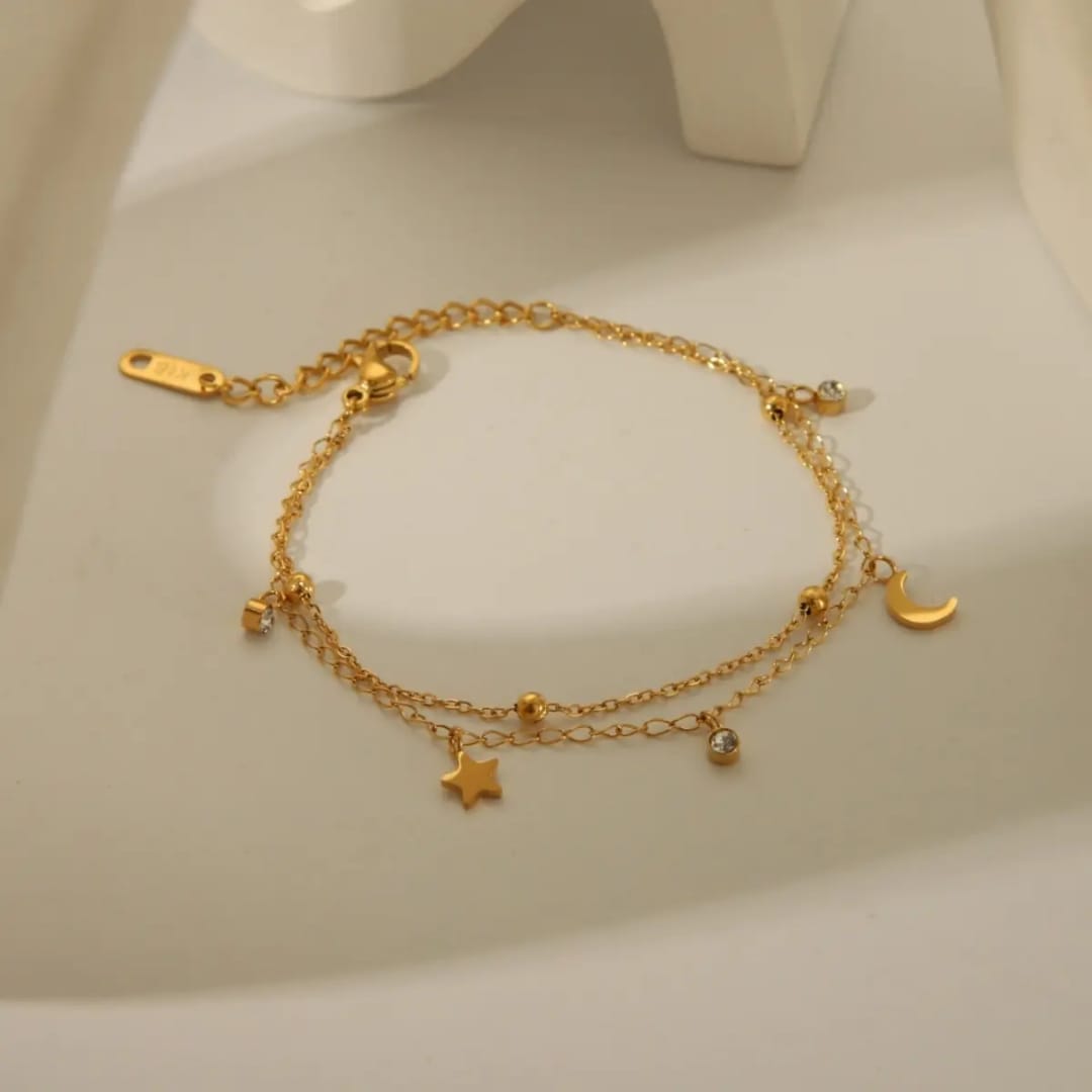 06B79AD4-BF2E-443A-9E5E-4FF16A36CABC Double Layer Crystal Moon & Star Charm Anklet/Bracelet - Image 1