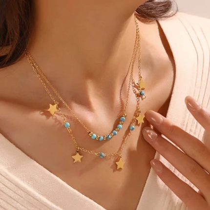 Double Layered Stars with Blue Beads Pendant